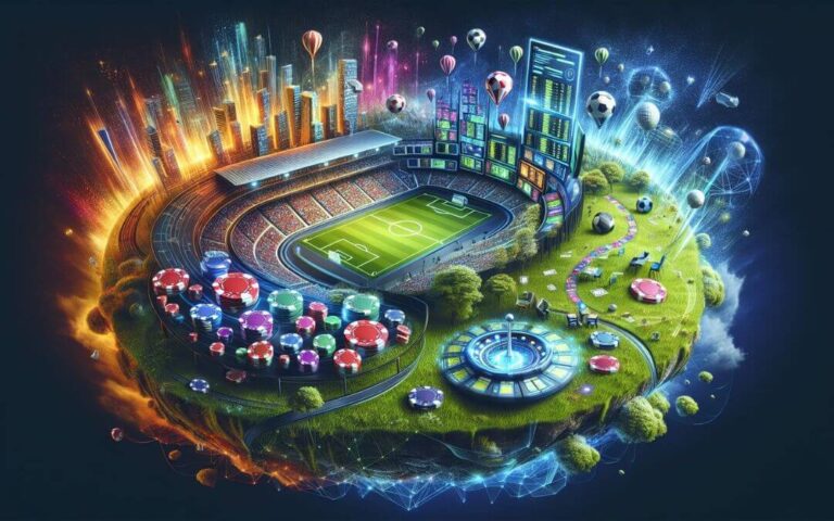 Cette image illustre une vision futuriste et technologique du monde du sport, avec un stade de football intégré à un environnement urbain dynamique et coloré.
