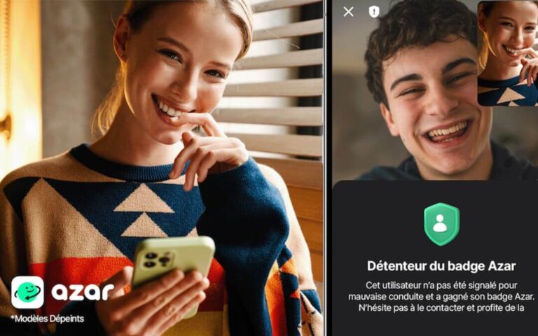 L'image montre deux jeunes personnes, un homme et une femme, qui semblent utiliser l'application Azar sur leurs téléphones portables. Ils sourient tous les deux, donnant l'impression d'être satisfaits et engagés avec l'application. L'arrière-plan est un intérieur lumineux, avec des stores en bois qui laissent passer la lumière naturelle. L'image transmet un sentiment de connexité et de bonne humeur associé à l'utilisation de l'application Azar.