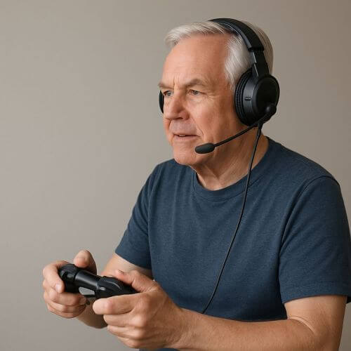 gamer senior manette console casque audio L'Ascension des Gamers Argentés dans le Monde Compétitif