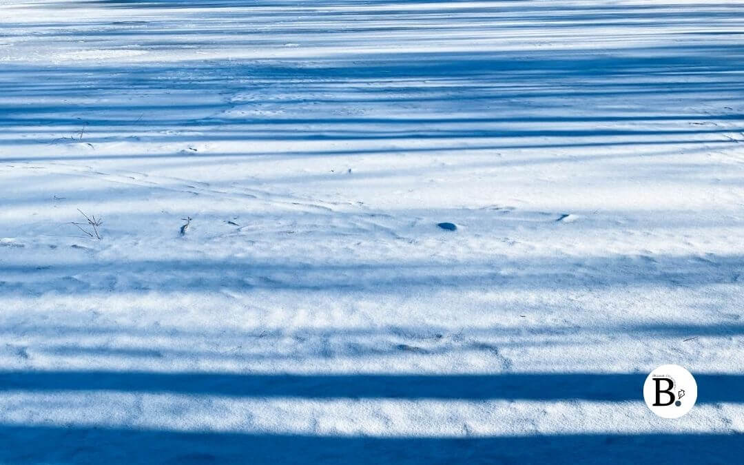 Lignes d'ombre bleue sur la neige pour le défi photo Lundi Soleil 2026
