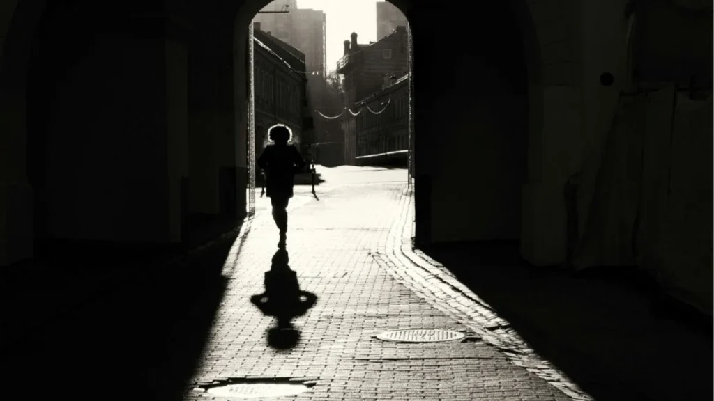 Photo en noir et blanc d'une femme qui avance dans une ruelle à contre-jour