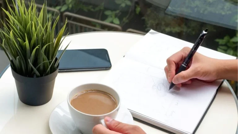 personne qui écrit un article de blog avec un crayon en savourant un café