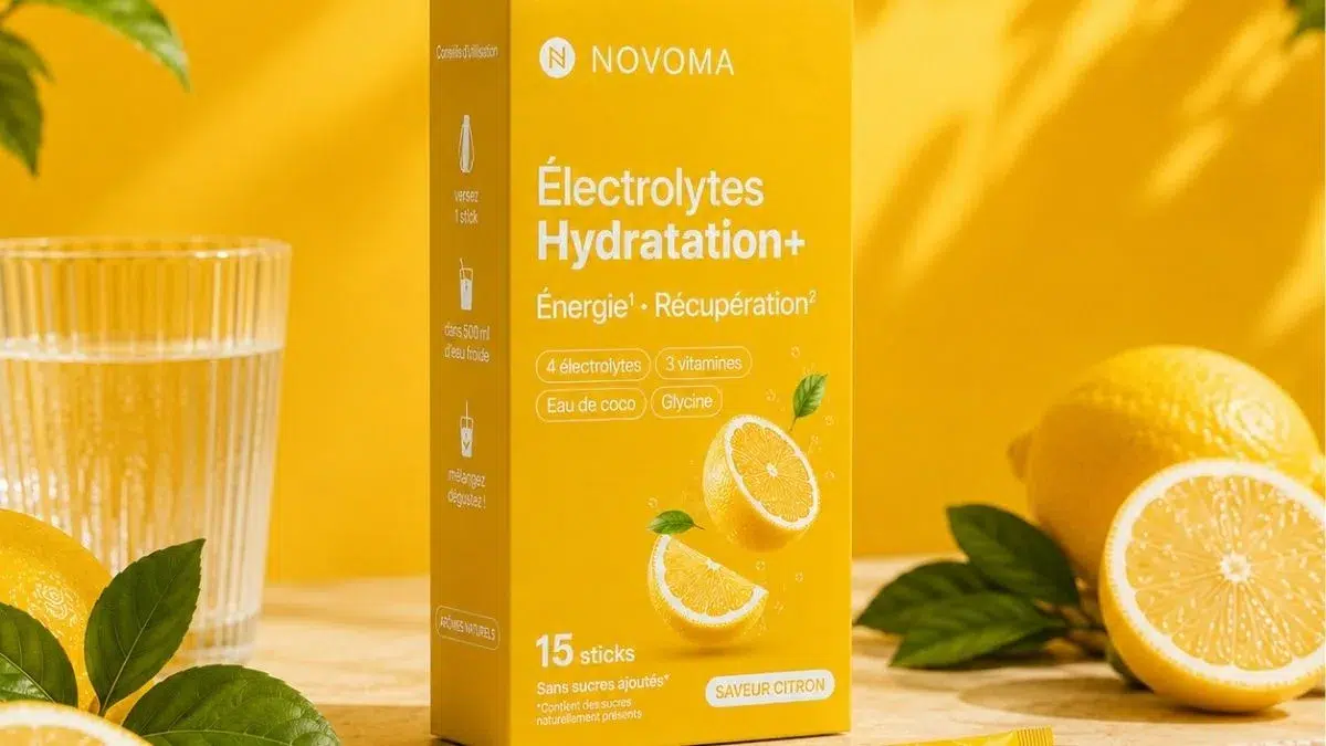 Boîte jaune de sticks Novoma Électrolytes Hydration+ (saveur citron)