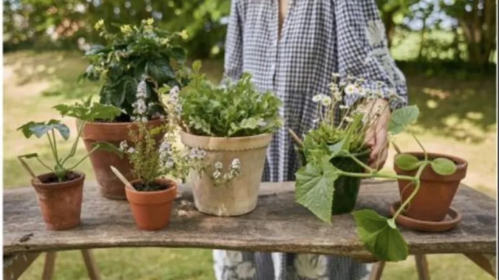 Personne arrange plusieurs pots de plantes et d'herbes aromatiques — petites fleurs blanches, feuillages verts et plante grimpante — sur une table en bois dans un jardin.