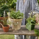 Personne arrange plusieurs pots de plantes et d'herbes aromatiques — petites fleurs blanches, feuillages verts et plante grimpante — sur une table en bois dans un jardin.
