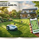 Robot tondeuse sans fil circulant entre une pelouse et des massifs paysagers