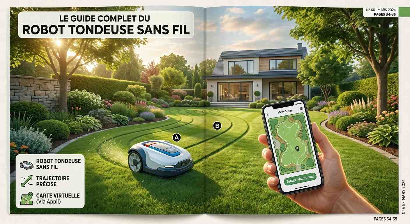 Robot tondeuse sans fil circulant entre une pelouse et des massifs paysagers
