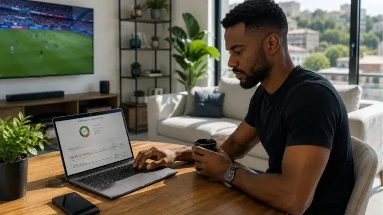 Homme consultant son budget loisirs sur un ordinateur portable pendant un match de football
