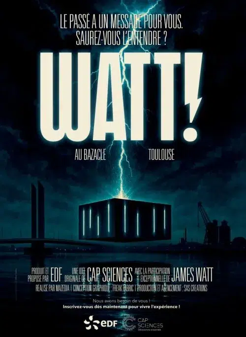 affiche james watt bazacle toulouse réalité virtuelle James Watt en réalité virtuelle au Bazacle à Toulouse