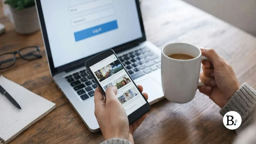 ordinateur portable smartphone mug café bureau mains Calendrier éditorial : tenir le rythme sans s'épuiser